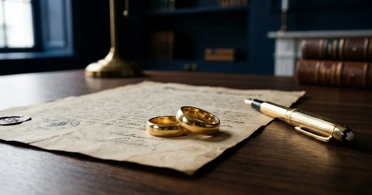 Duas alianças de ouro sobre um documento manuscrito antigo, ao lado de uma caneta tinteiro