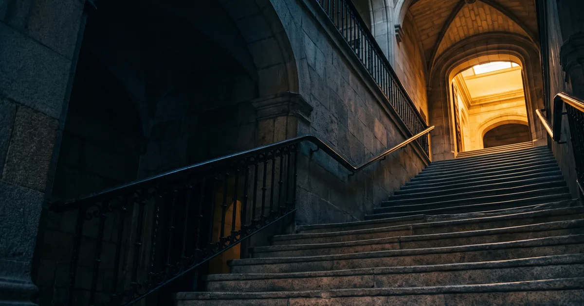 Escadaria de pedra ascendente em edifício institucional, com luz dourada ao fundo
